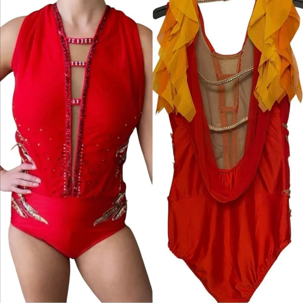 Fire flame Custom Solo lyrical embellished rhinestone Dance Costume LA adult